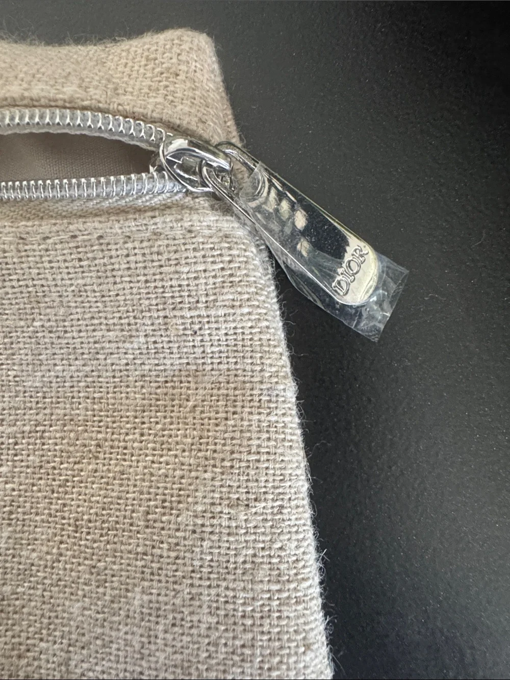 NWOT Dior Beige Linen Makeup Pouch/Clutch  with Logo Pull